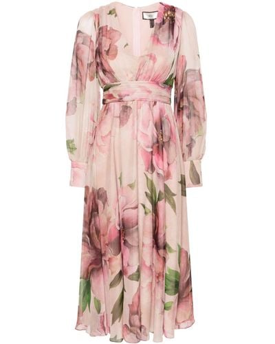 Nissa Floral-print Flared Midi Dress - Pink