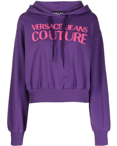 Versace Logo-print Cropped Cotton Hoodie - Purple