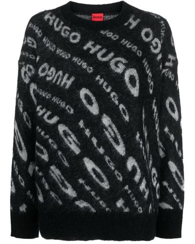 HUGO ロゴインターシャ セーター - ブラック