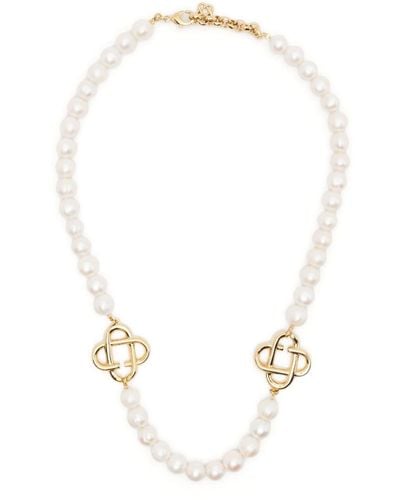 Casablanca Collier orné de perles à plaque logo - Blanc
