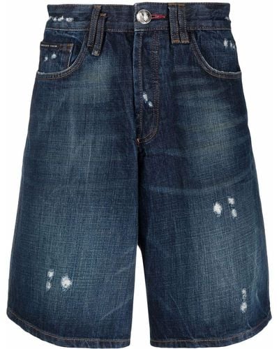 Philipp Plein Jeans-Shorts in Distressed-Optik - Blau