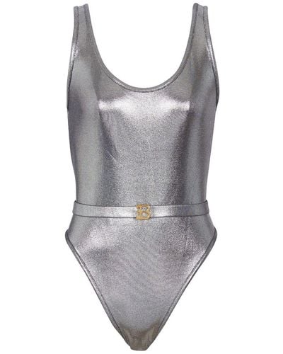 Balmain Belted Metallic-finish Swimsuit - Grey