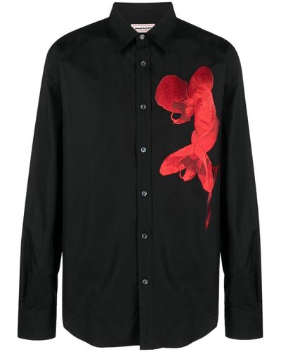 Alexander McQueen Orchid Embroidered Long-sleeve Shirt - Black