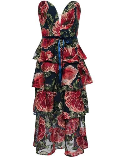 Marchesa Floral-embroidered Tiered Midi Dress