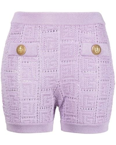 Balmain Monogram Mesh Knitted Shorts - Purple