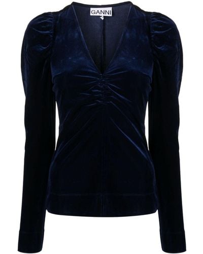 Ganni Puff-sleeve Velvet Blouse - Blue