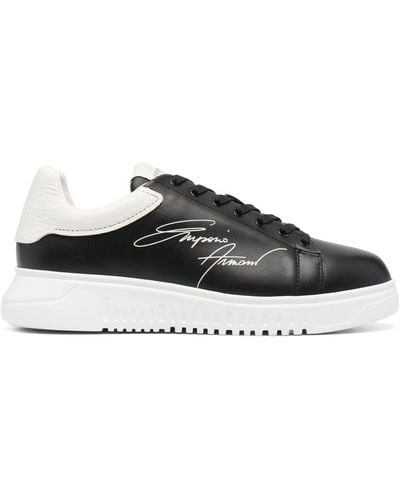 Emporio Armani Signature Leren Sneakers - Zwart