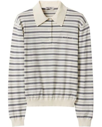 Miu Miu Striped Knitted Cotton Polo Shirt - Gray