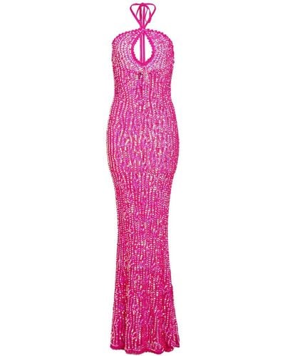 retroféte Massie Sequin Crochet Halterneck Dress - Pink