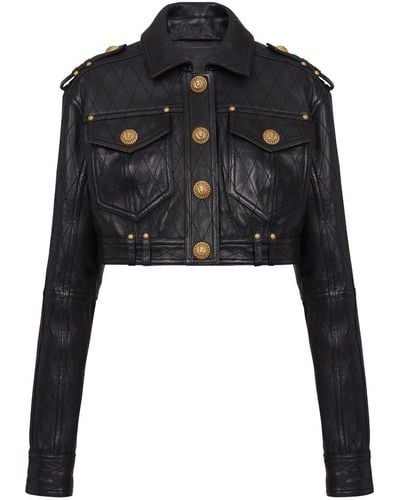 Balmain Gesteppte Cropped-Bikerjacke aus Leder - Schwarz