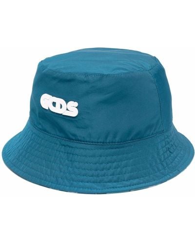 Gcds Teal Blue,turquoise Blue And Off White Logo-print Bucket Hat