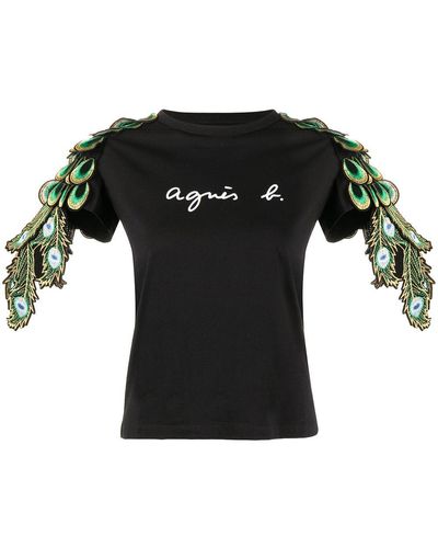 agnès b. Peacock Feather Appliqué T-shirt - Black