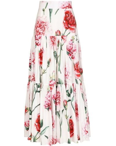 Dolce & Gabbana Long Carnation-print Poplin Skirt - White