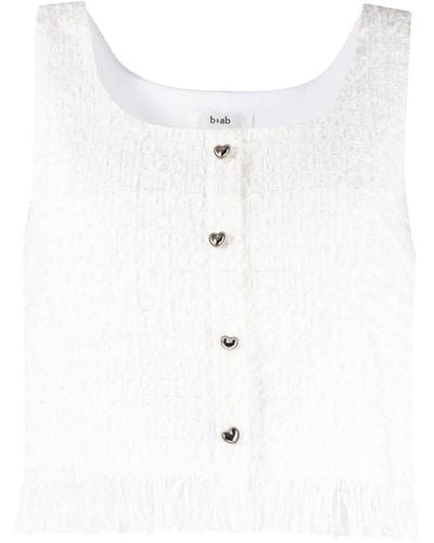 B+ AB Fringed Sleeveless Tweed Top - White