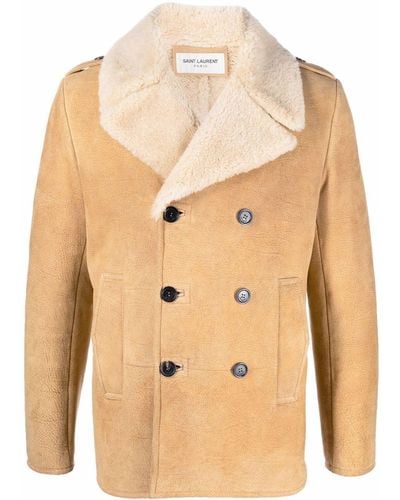 Saint Laurent Double-breasted Shearling Pea Coat - Natural