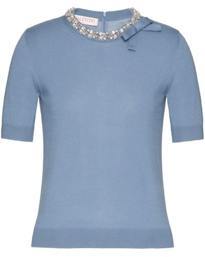 Valentino Garavani Crystal-embellished Fine-knit T-shirt - Blue