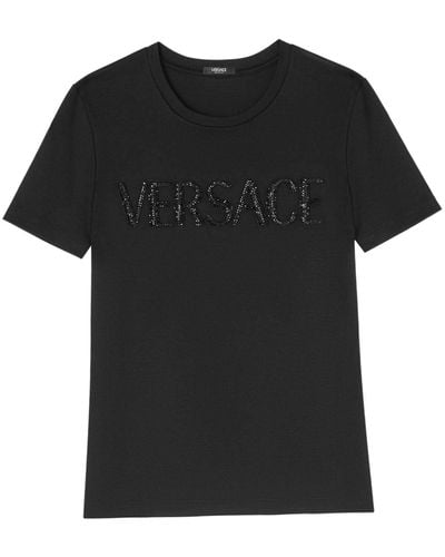 Versace T-shirt en coton à ornements en cristal - Noir