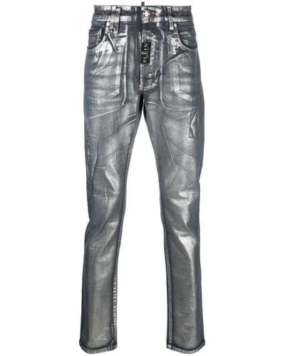 Philipp Plein Jeans dritti con effetto metallizzato - Blu