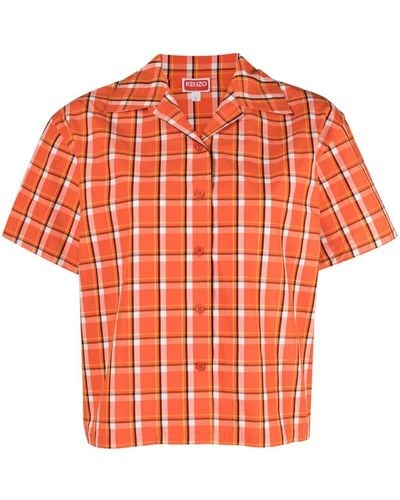 KENZO Short-sleeve Chequered Buttoned Shirt - Orange