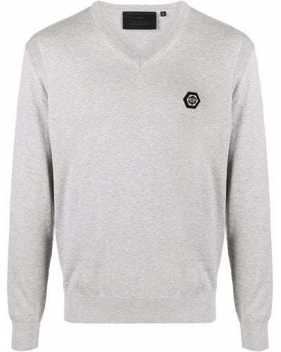 Philipp Plein Logo-patch V-neck Sweater - Gray