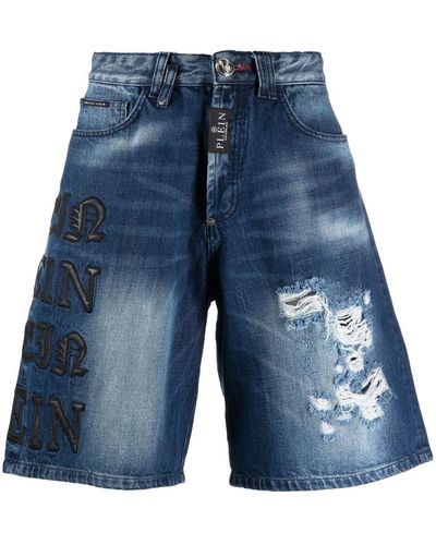 Philipp Plein Lettering-patch Distressed Shorts - Blue