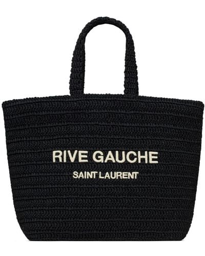 Saint Laurent Rive Gauche Embroidered Raffia Tote Bag - Black