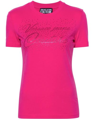 Versace Rhinestone-detailed Cotton-blend T-shirt - Pink