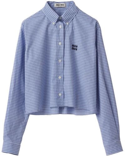 Miu Miu Checked Cropped Cotton Shirt - Blue
