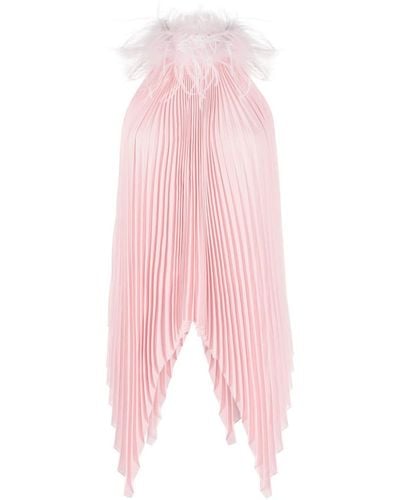 Styland Feather-collar Pleated Top - Pink