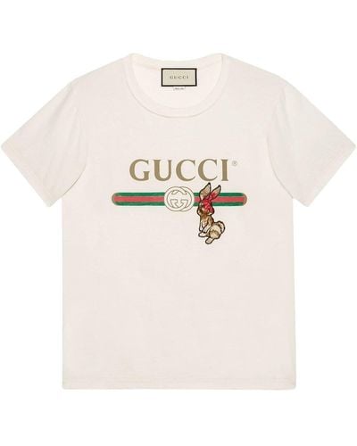 Gucci Camiseta con logo y detalle de conejo - Blanco