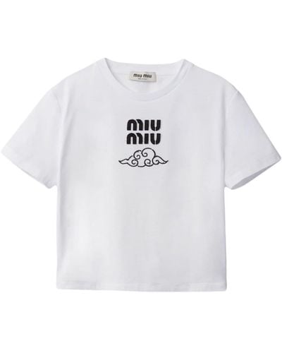 Miu Miu T-shirt en coton à logo brodé - Blanc