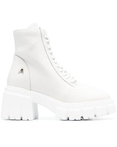 Philipp Plein Shearling Lined Lace-up Leather Ankle Boots - White