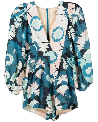 Adriana Degreas V-neck Floral-print Playsuit - Blue