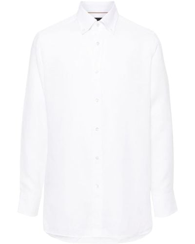 BOSS Buttoned-collar Linen Shirt - White
