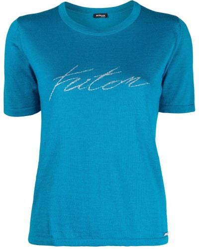 Kiton Fein gestricktes T-Shirt mit Jacquard-Logo - Blau