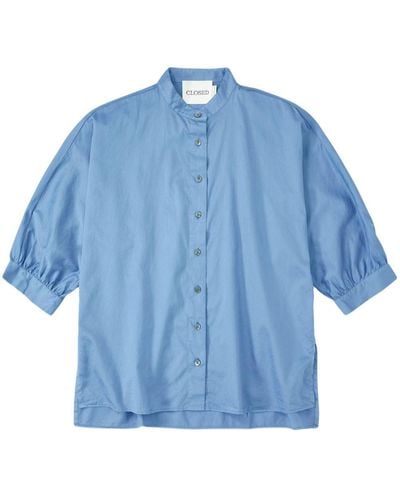 Closed Short-sleeve Satin Cotton Blouse - Blue