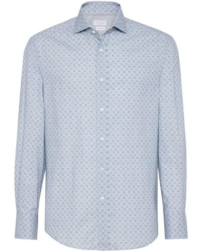 Brunello Cucinelli Geometric-pattern Cotton Shirt - Blue