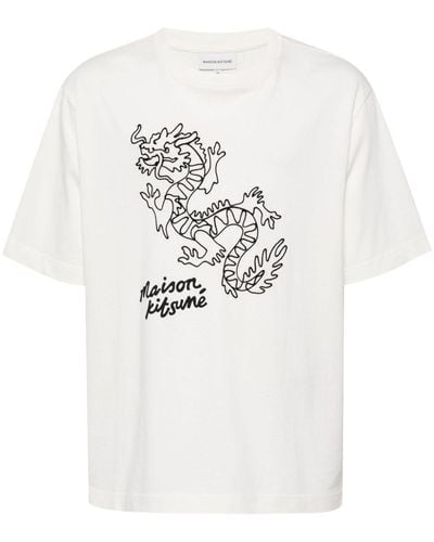 Maison Kitsuné T-Shirt mit Drachen-Print - Weiß