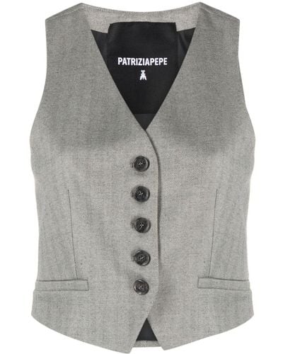 Patrizia Pepe Herringbone-pattern Faux-pocket Waistcoat - Grey