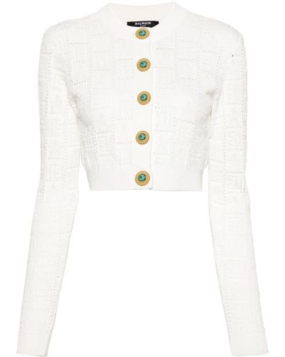 Balmain Monogramm-Cardigan in Pointelle-Strick - Weiß