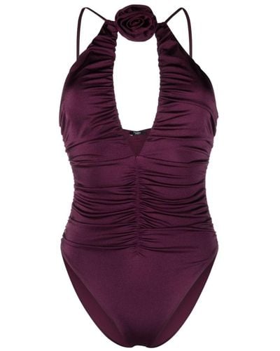 Noire Swimwear Floral-appliqué Ruched Swimsuit - Purple