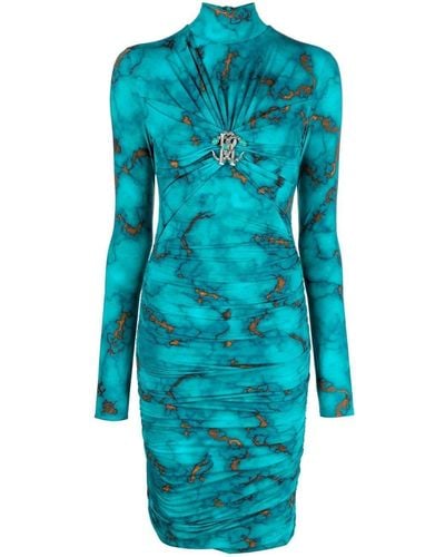 Roberto Cavalli Midi-jurk Met Marmerprint - Blauw