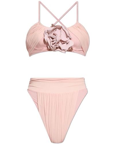 Balmain Bikini fruncido con apliques florales - Rosa