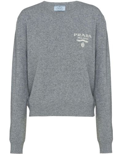 Prada Pull en cachemire à logo intarsia - Gris