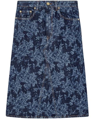 Ganni Floral-print Denim Skirt - Blue