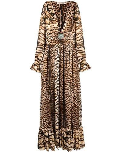 Roberto Cavalli Leopard-print V-neck Gown - Natural