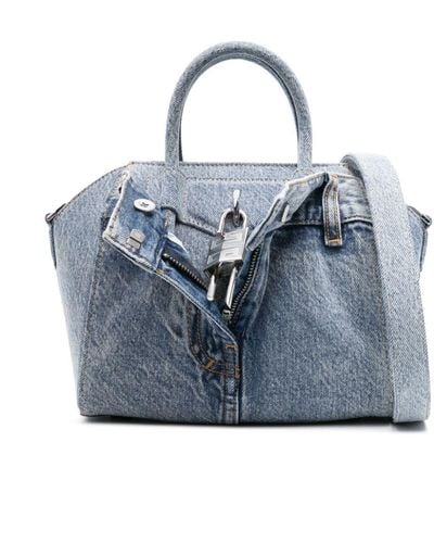 Givenchy Mini sac à main Antigona Lock en jean - Bleu