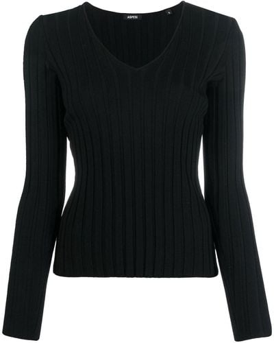 Aspesi リブニット Vネックセーター - ブラック