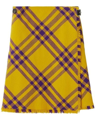 Burberry Check Fringed-Edge Kilt Wrap Skirt - Yellow