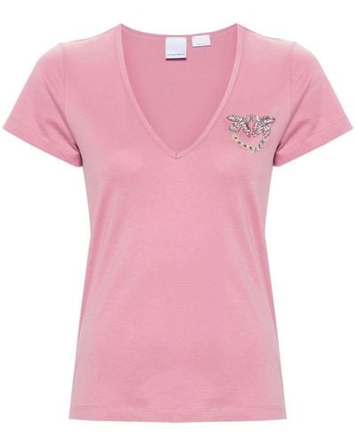 Pinko Love Birds-appliqué Cotton T-shirt - Pink